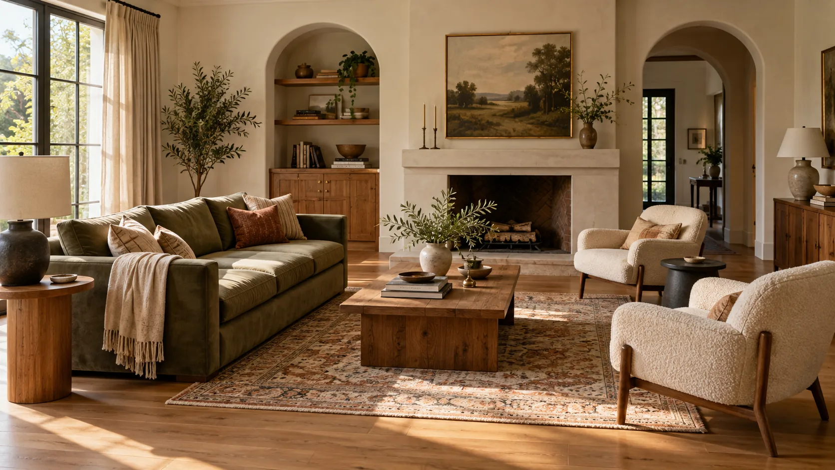 A living room in late-afternoon daylight, with sun falling across a patterned rug and oak floor, a green velvet sofa, boucle armchairs and a stone fireplace