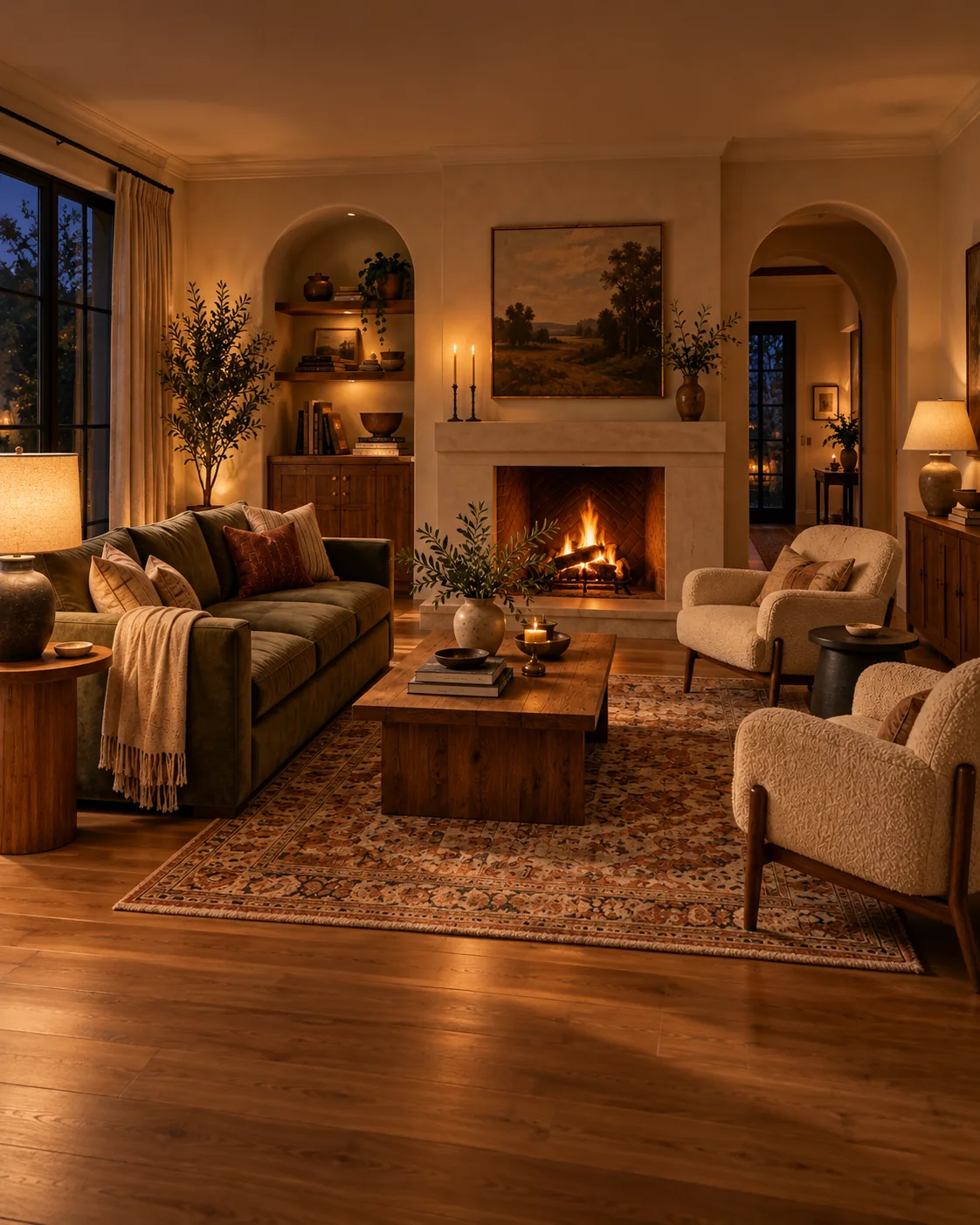 The same living room at night, lit by table lamps, candles and the fireplace, with warm pools of light and soft shadow