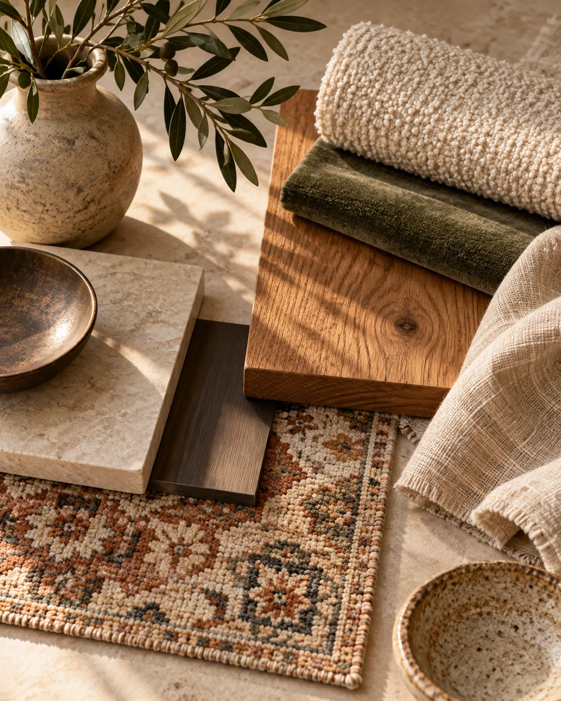 A flat lay of material samples: oak, travertine, dark timber, olive velvet, boucle, loose linen, a wool rug and bronze and ceramic bowls