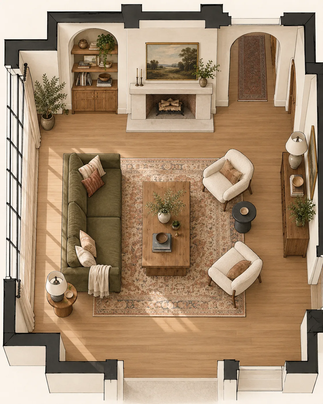 A top-down 3D floor plan of a living room showing a green sofa, two cream boucle armchairs and a wood coffee table grouped on a patterned rug, with open floor around the seating and a clear path to the arched hallway