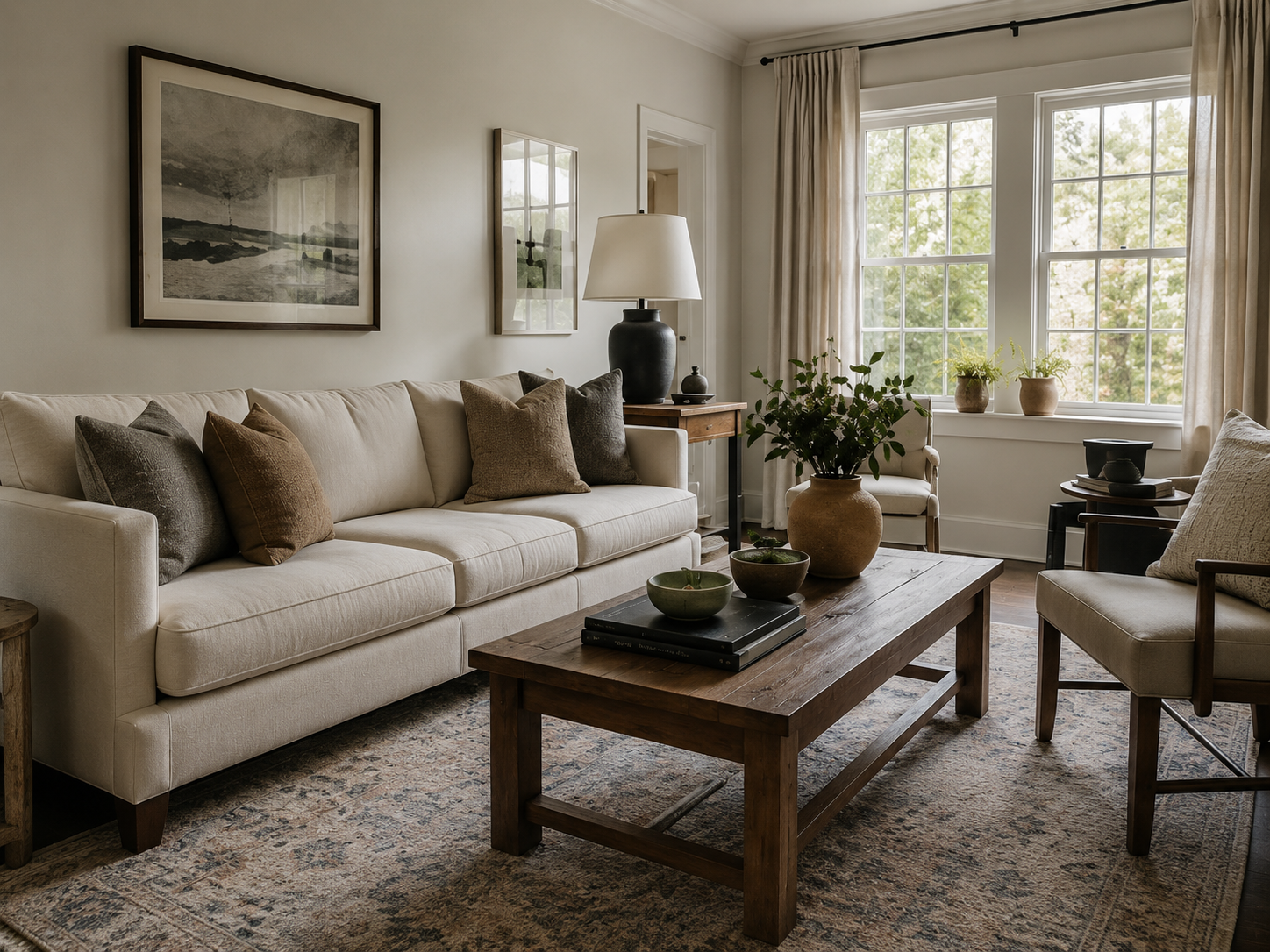 A finished living room with a cream sofa, dark wood furniture, layered textiles, and light from large windows
