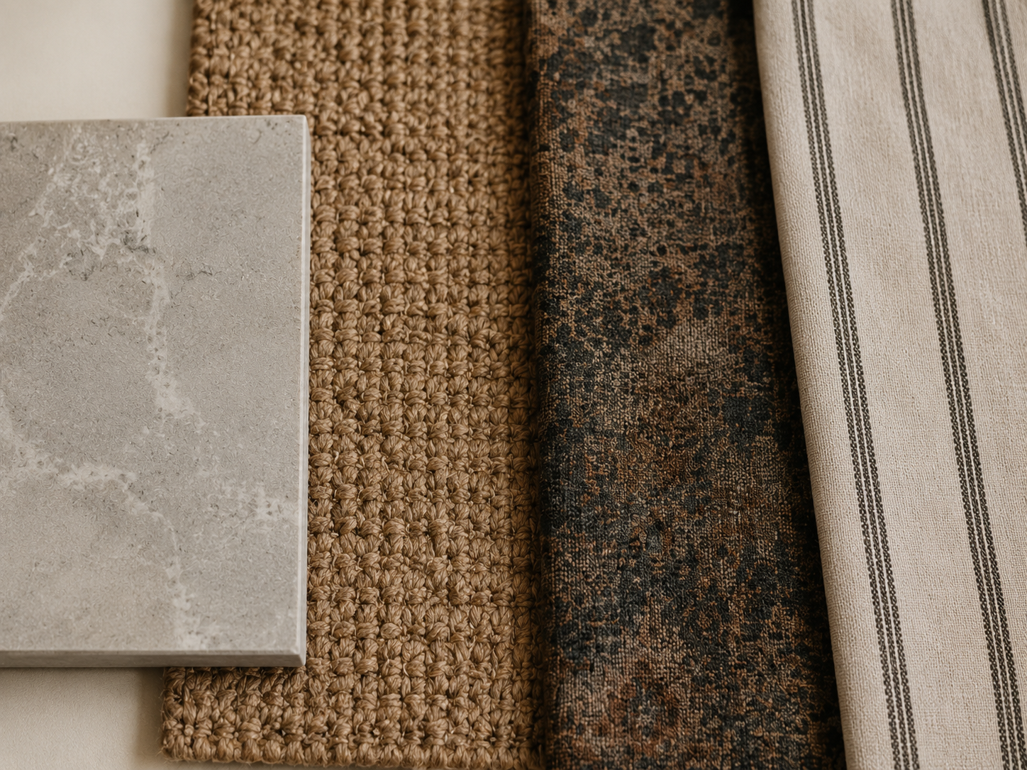 Stone, woven, patterned, and striped material samples arranged together