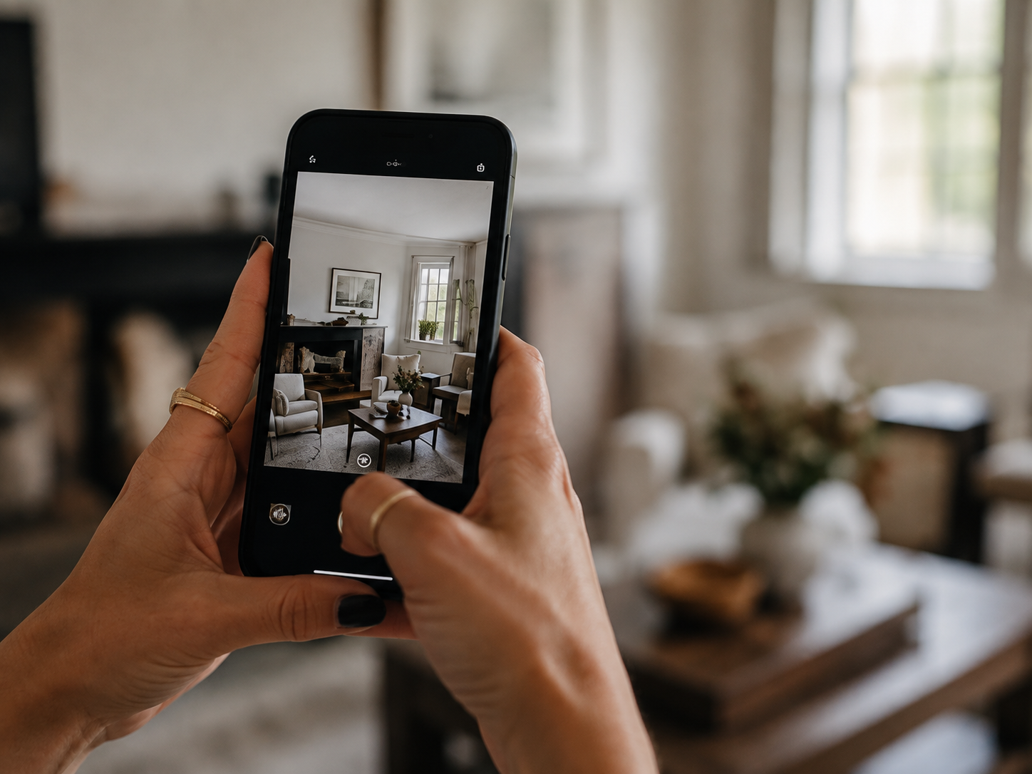 A person photographing a living room on a phone