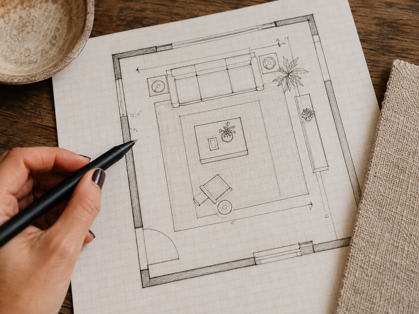 A hand marking a scaled living room plan with a sofa, chairs, rug, coffee table, and dimensions