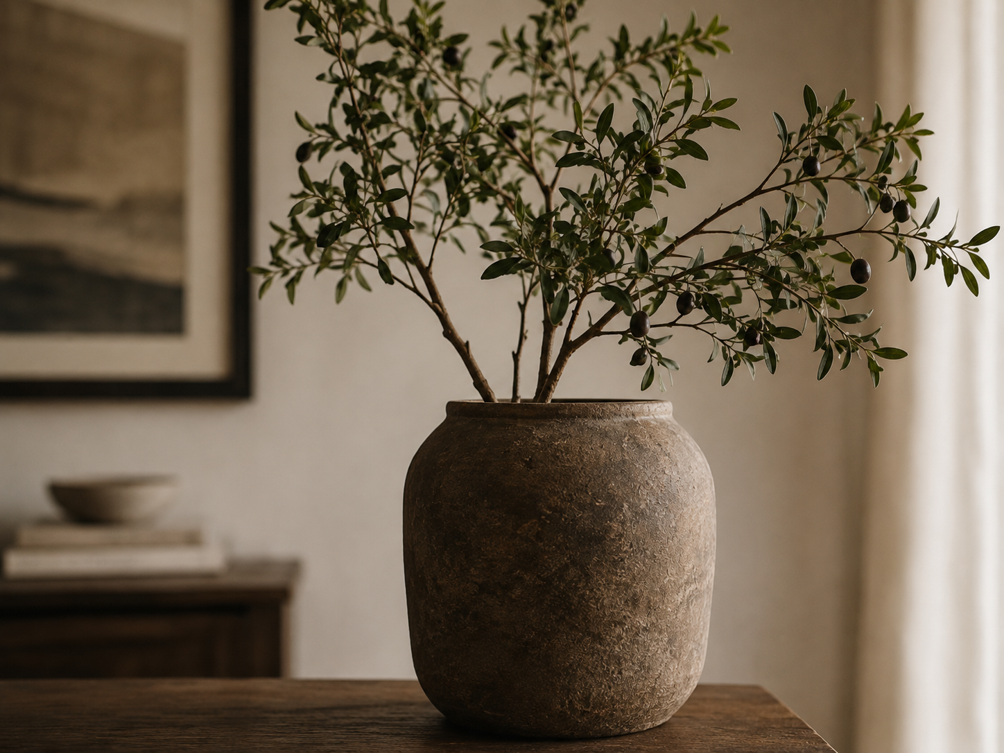 A leafy branch arranged in a large textured vessel in a finished room