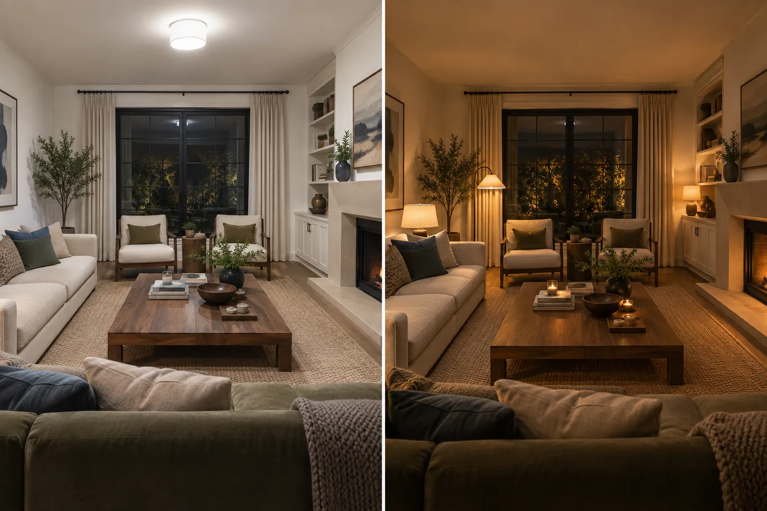 The same living room at night, side by side: on the left lit only by a ceiling fixture, flat and cool; on the right lit by a floor lamp, table lamp, fireplace and candles, with warm pools of light and visible shadow