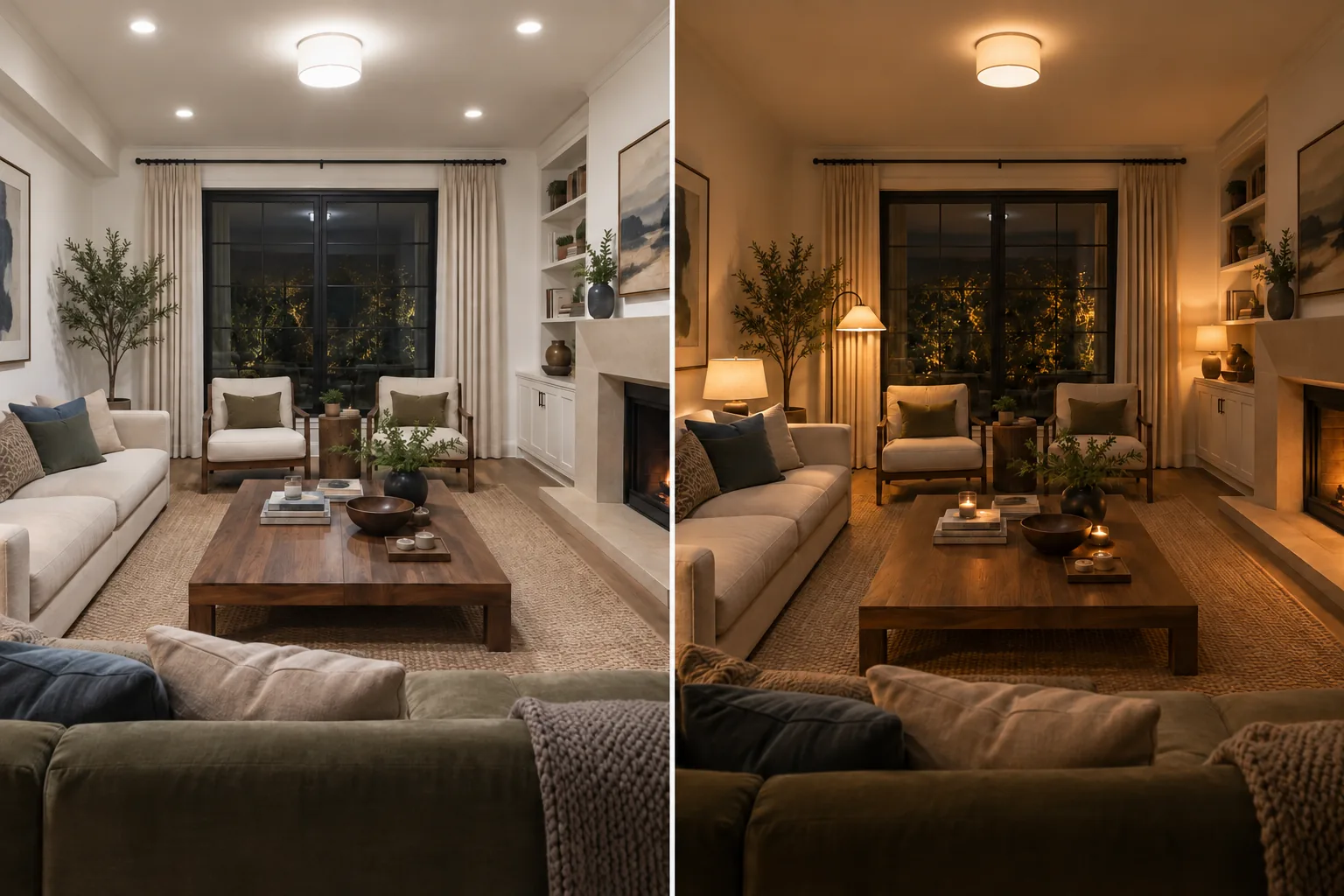 The same living room compared side by side: on the left every light source is in the ceiling, on the right the ceiling fixture is joined by a table lamp and a floor lamp at seated eye level