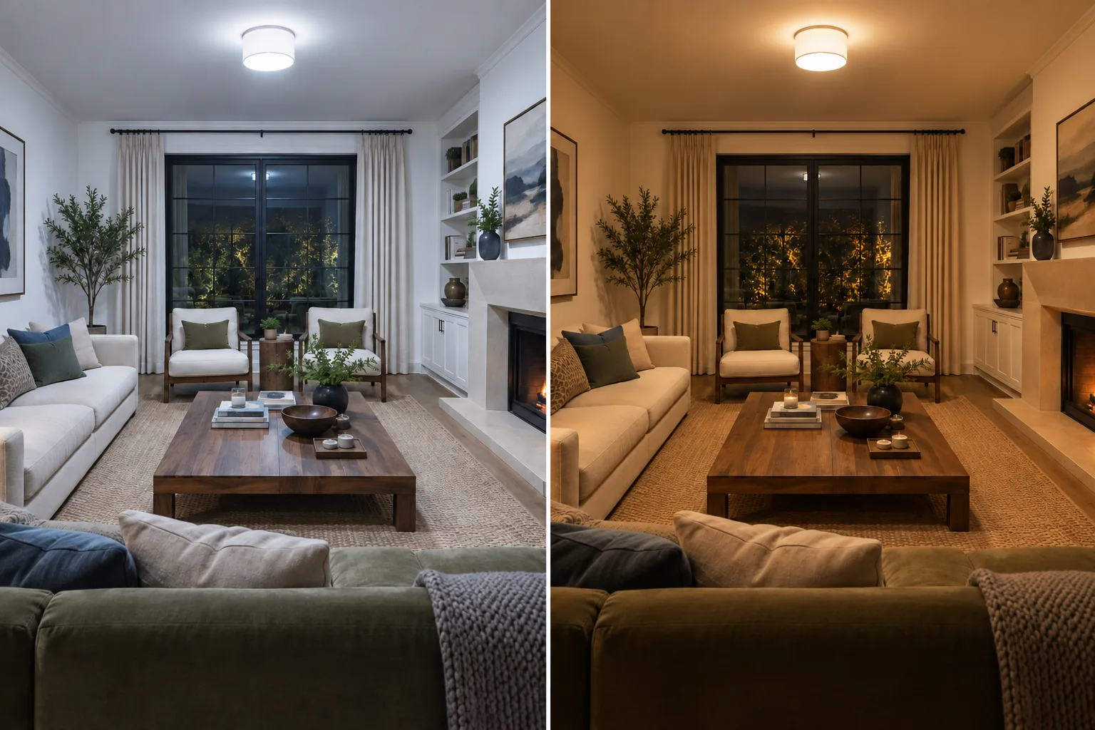 The same living room lit by cool bulbs on the left and warm 2700K bulbs on the right, showing how the wood, jute rug and cream upholstery lose warmth under the cooler light