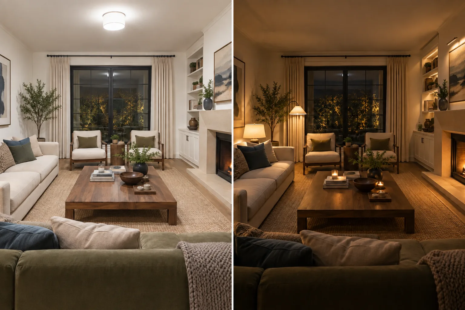The same living room compared side by side: on the left every surface is lit to the same even brightness, on the right the shelving and fireplace are highlighted while the perimeter falls into soft shadow