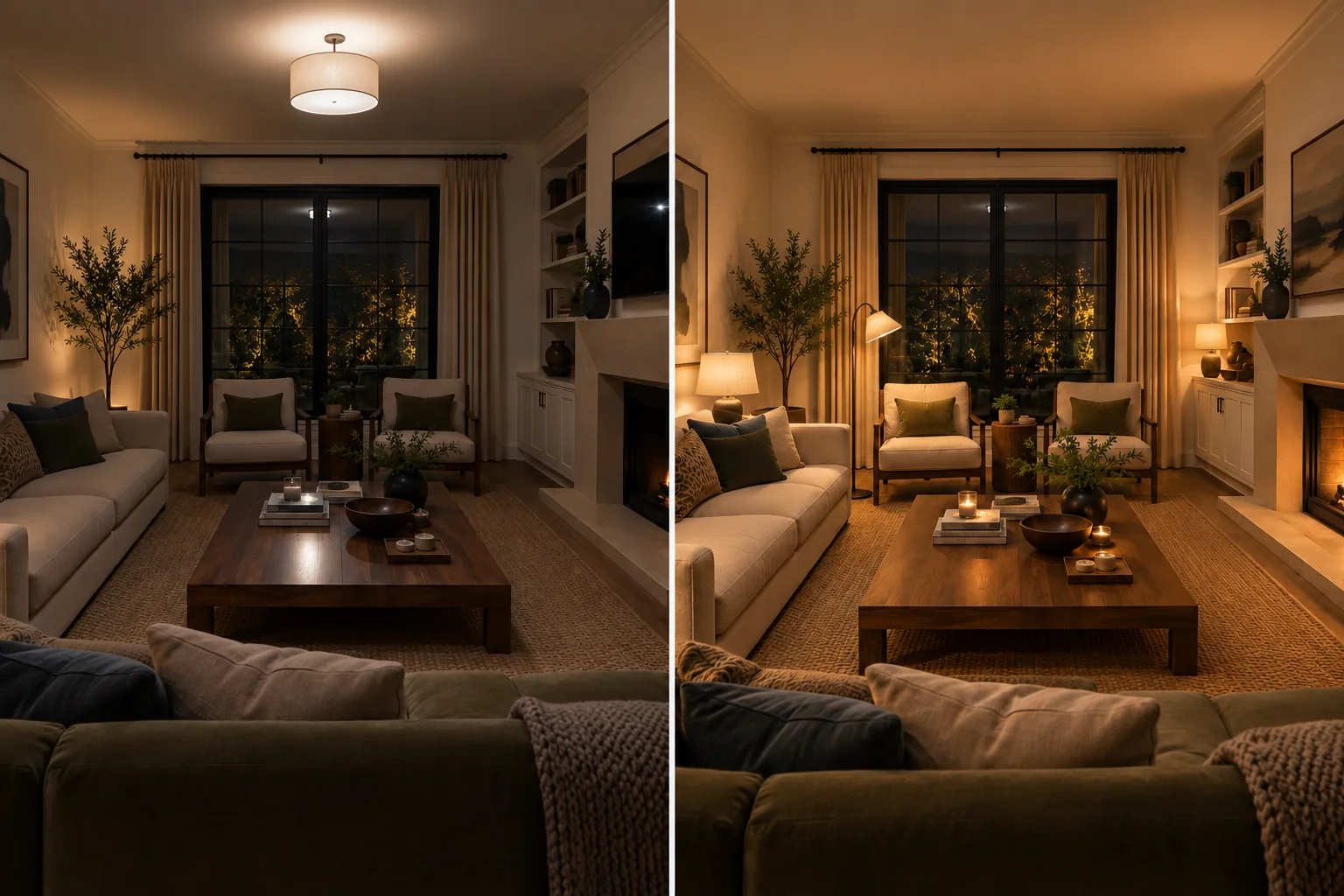 The same living room in the evening: on the left a single dim overhead fixture with the seating left in shadow, on the right a floor lamp and table lamp placed where people actually sit