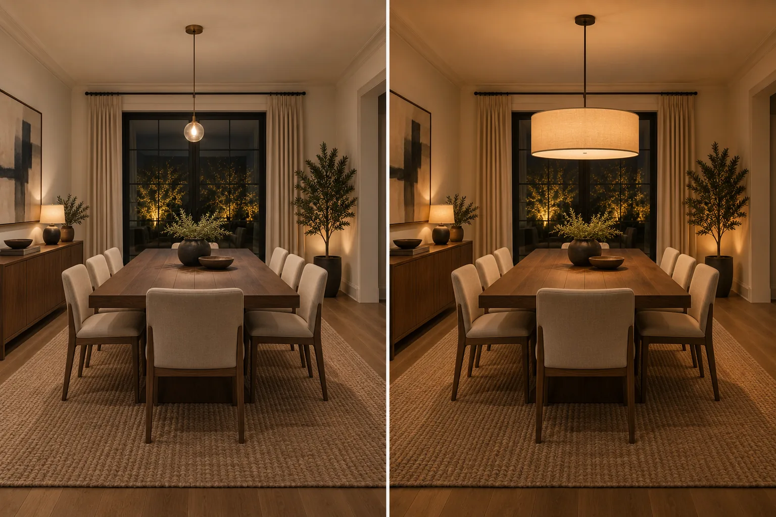 A dining room compared side by side: on the left a small single-bulb pendant hangs over a long walnut table, on the right a wide drum shade pendant scaled to the table replaces it