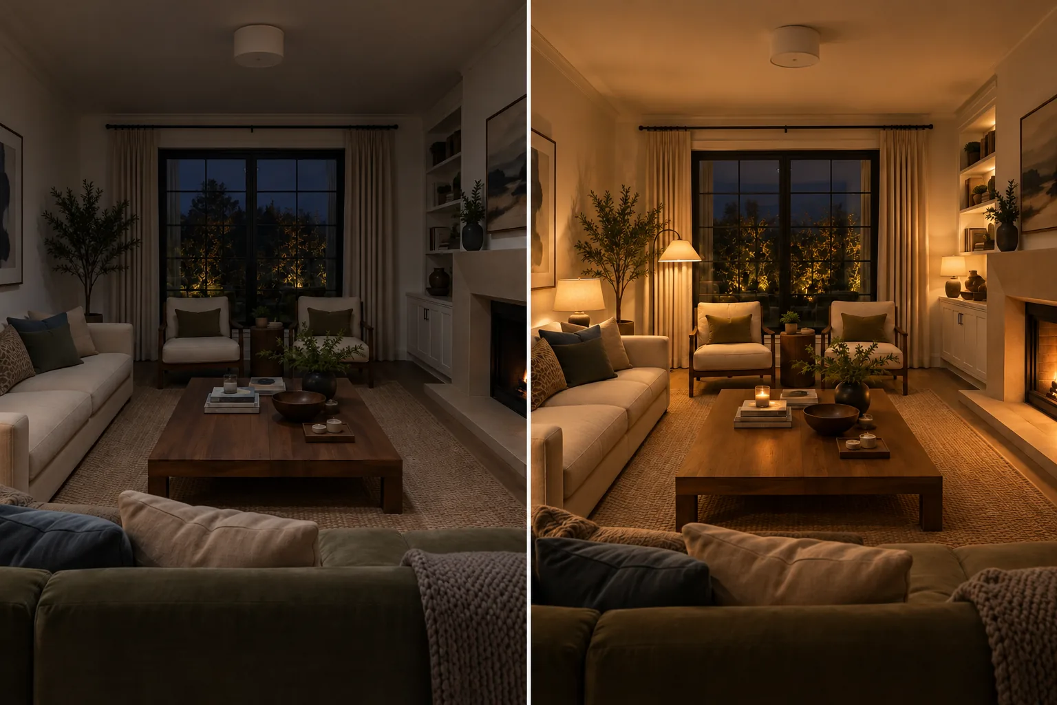 The same living room after sunset: on the left the room is dim and hollow with only a weak ceiling fixture, on the right a full evening lighting plan of lamps, hearth and lit shelving