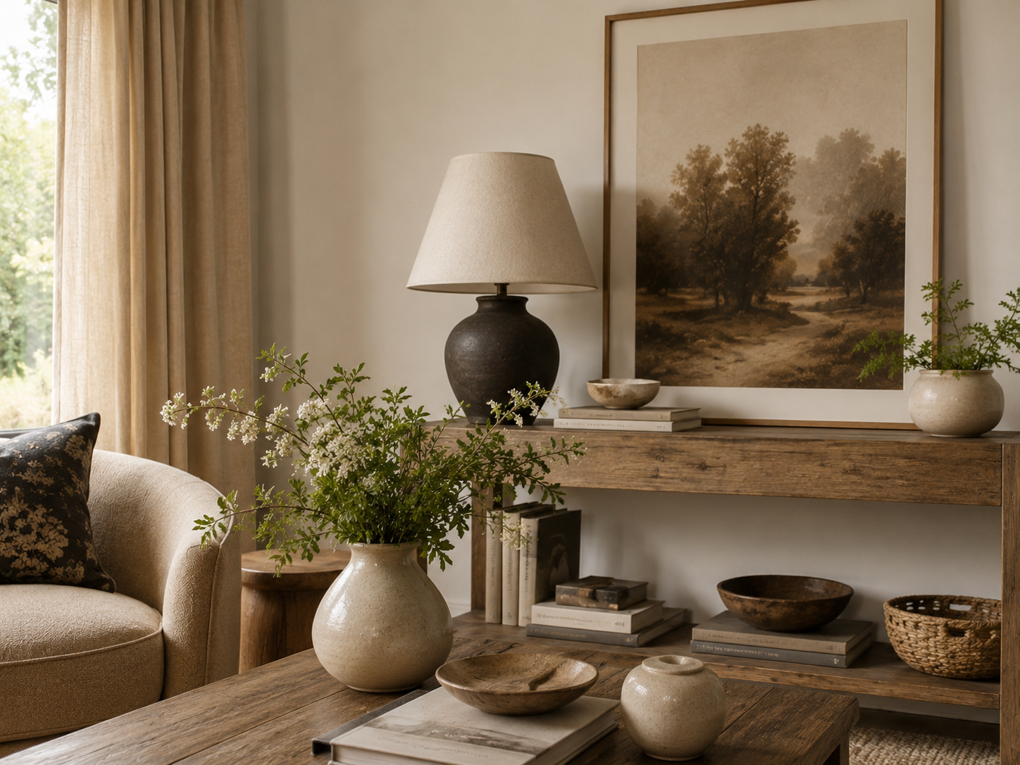 A finished living room console with framed art, a table lamp, books, and collected objects