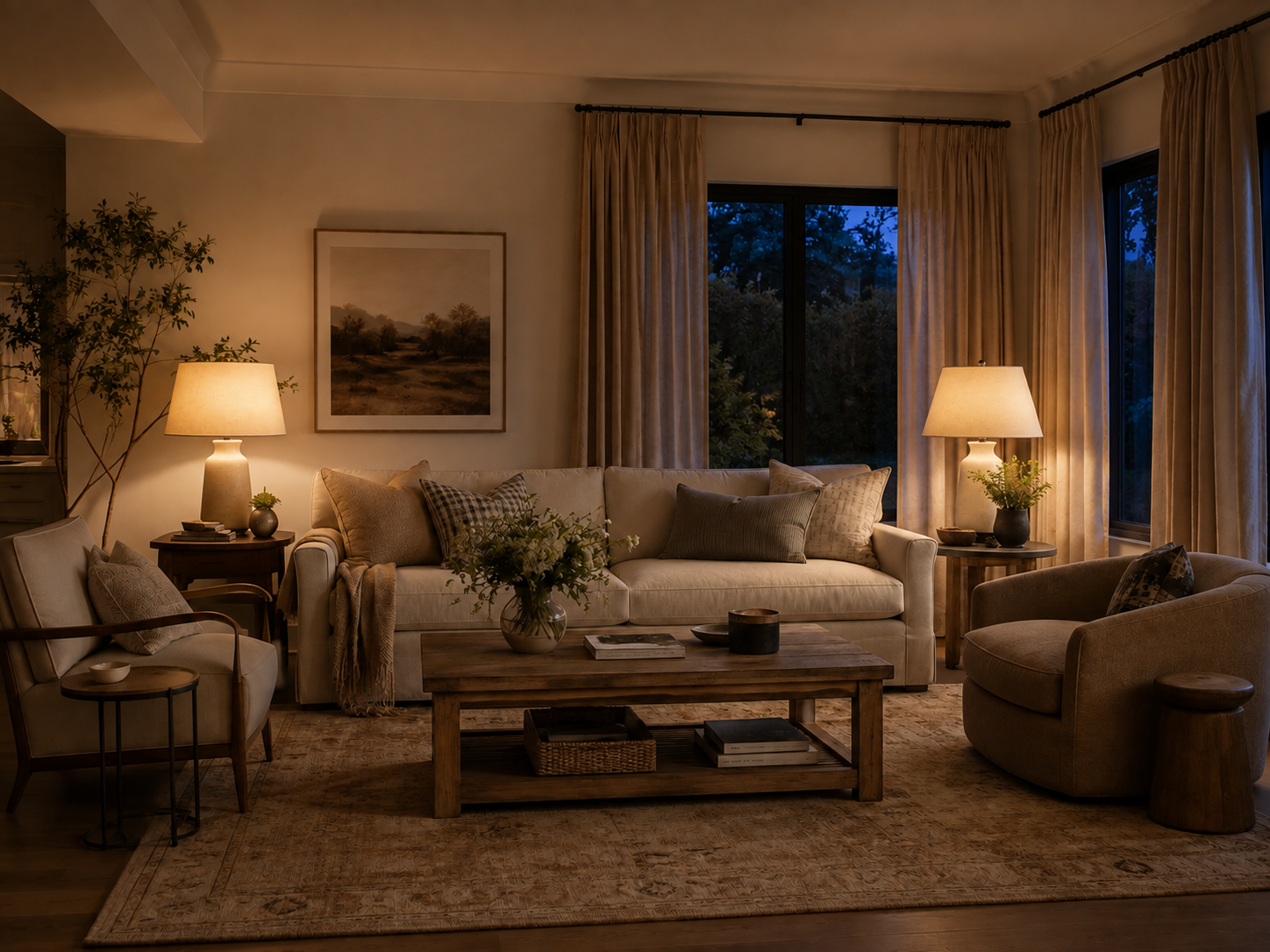 A living room at night with table lamps casting warm light across the seating area
