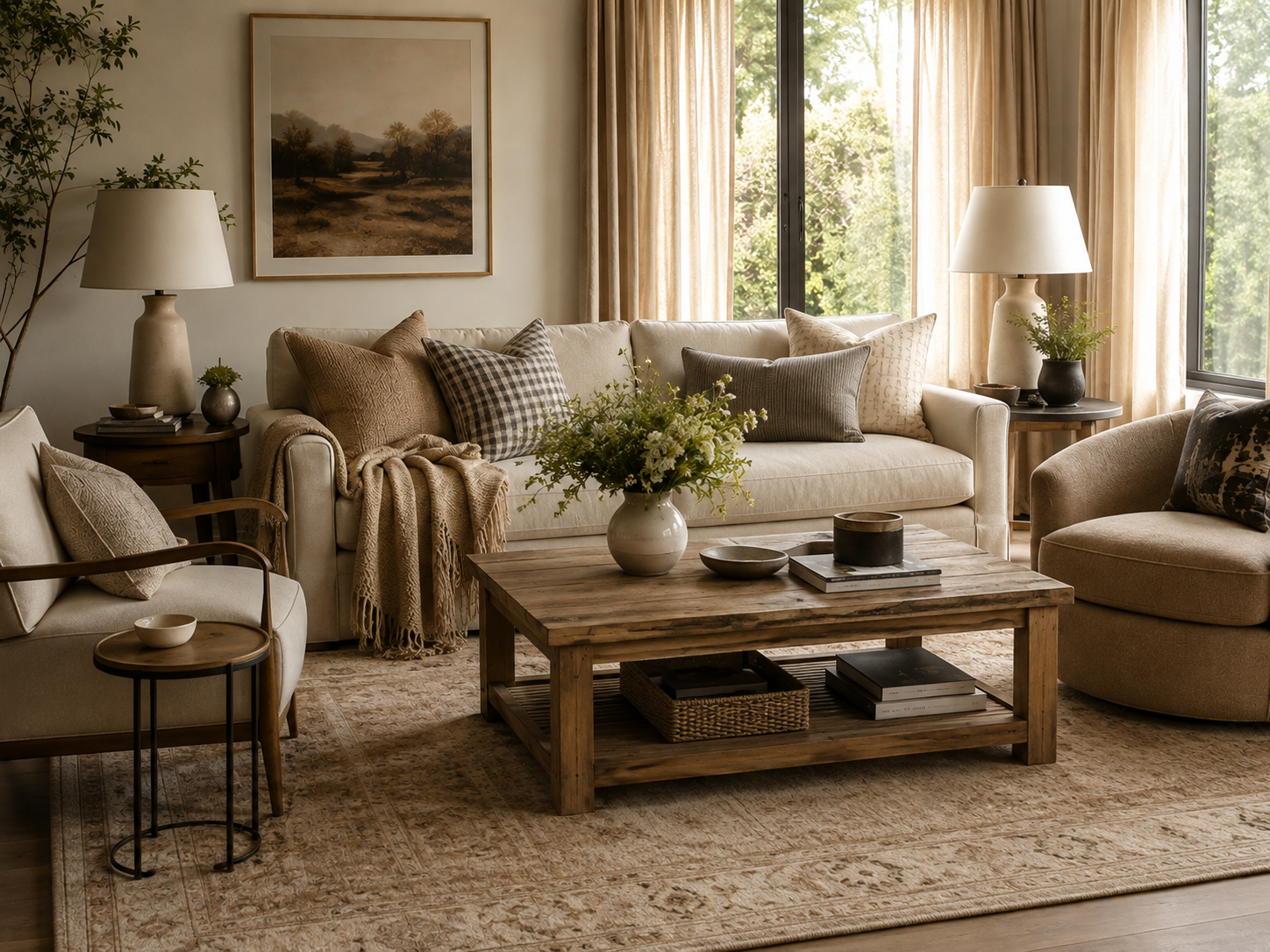 Close view of a layered living room with a large patterned rug beneath the seating area