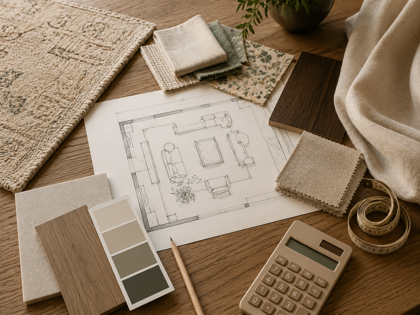 A living room plan surrounded by fabric, rug, wood, stone, and paint samples with a calculator