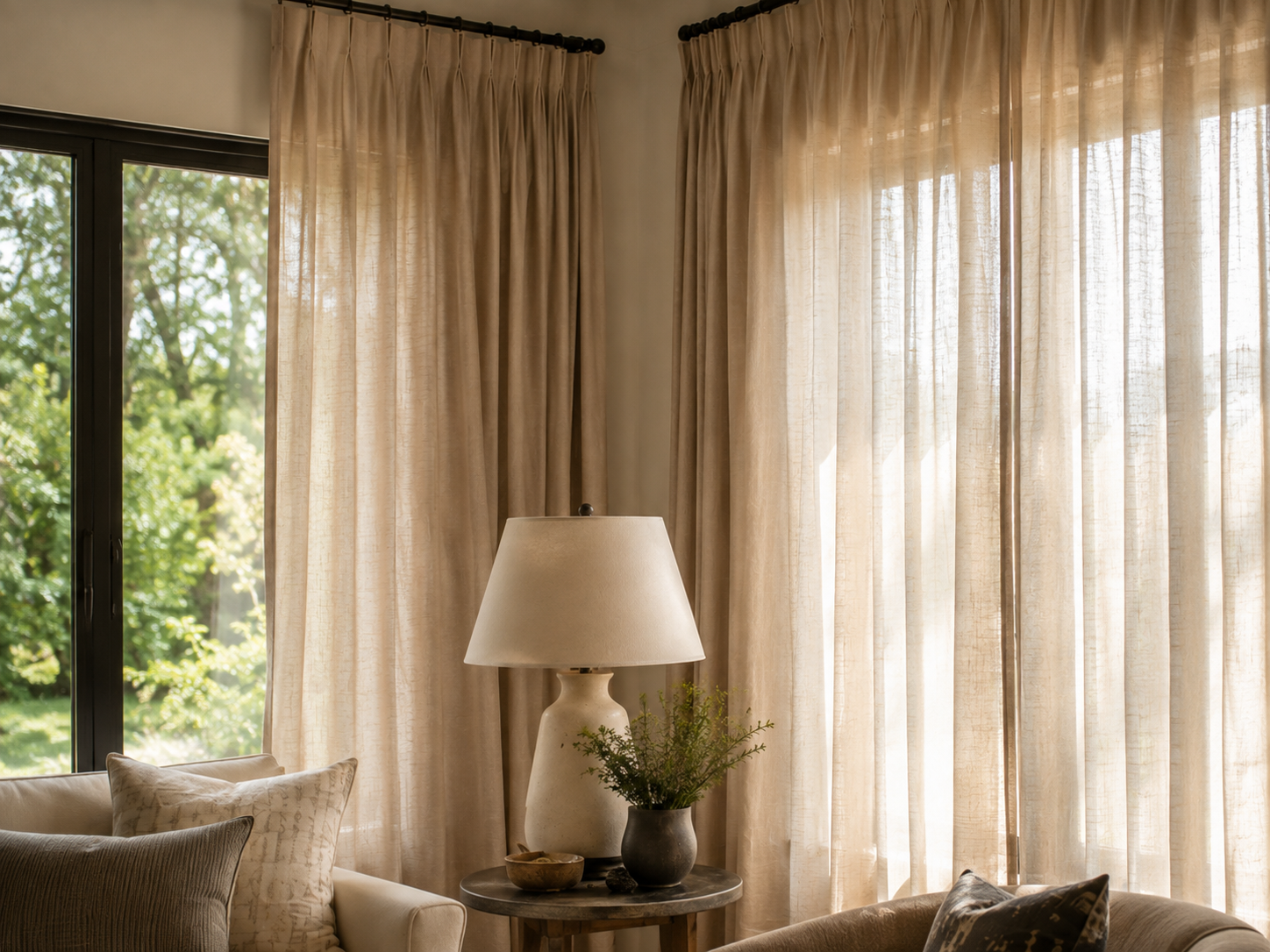 Full length linen drapery filtering daylight beside a living room seating area
