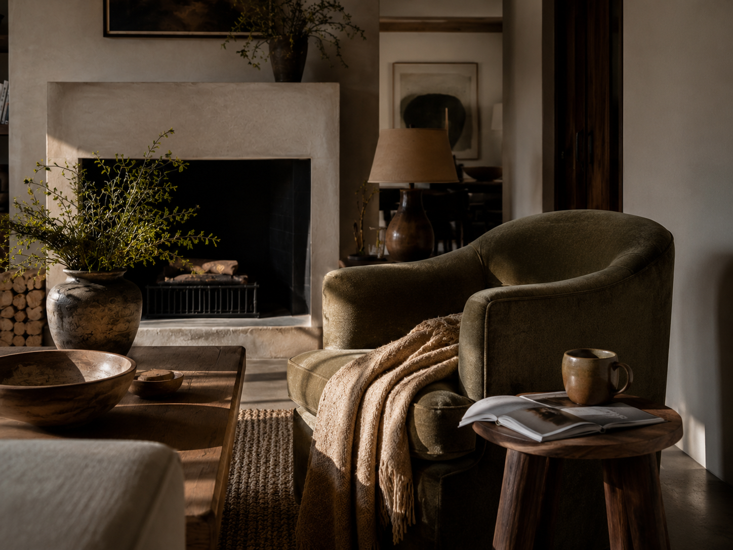 A velvet chair with a throw, coffee cup, book, side table, and fireplace nearby