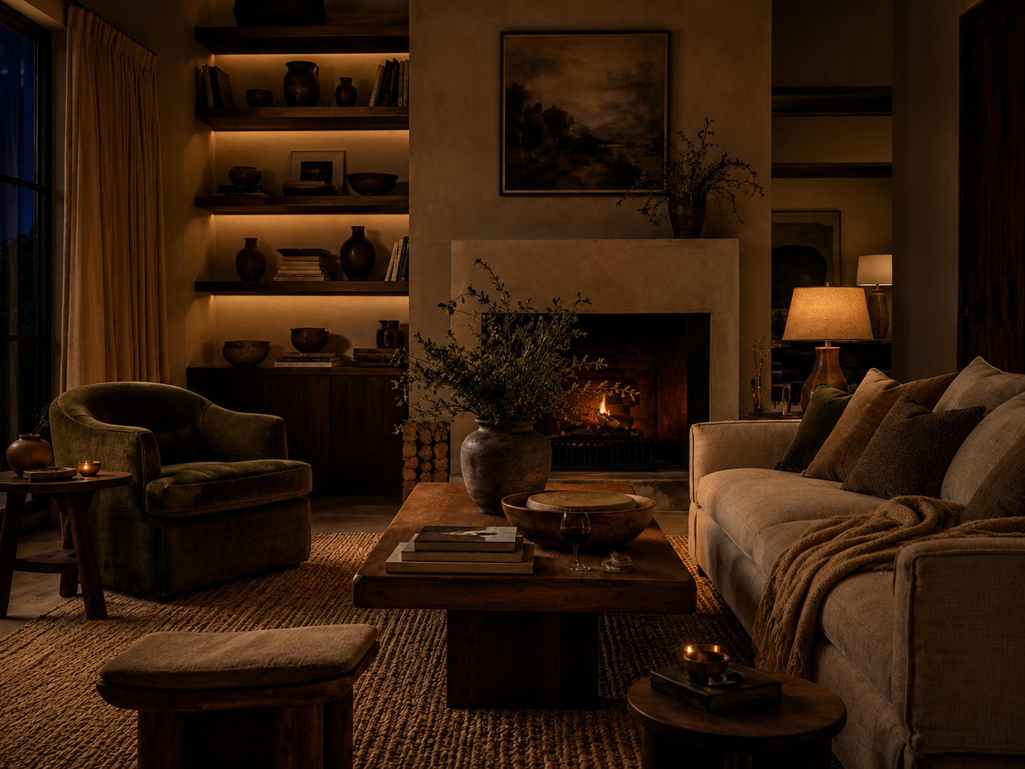 A living room at night with warm lamp light, illuminated shelving, and a lit fireplace