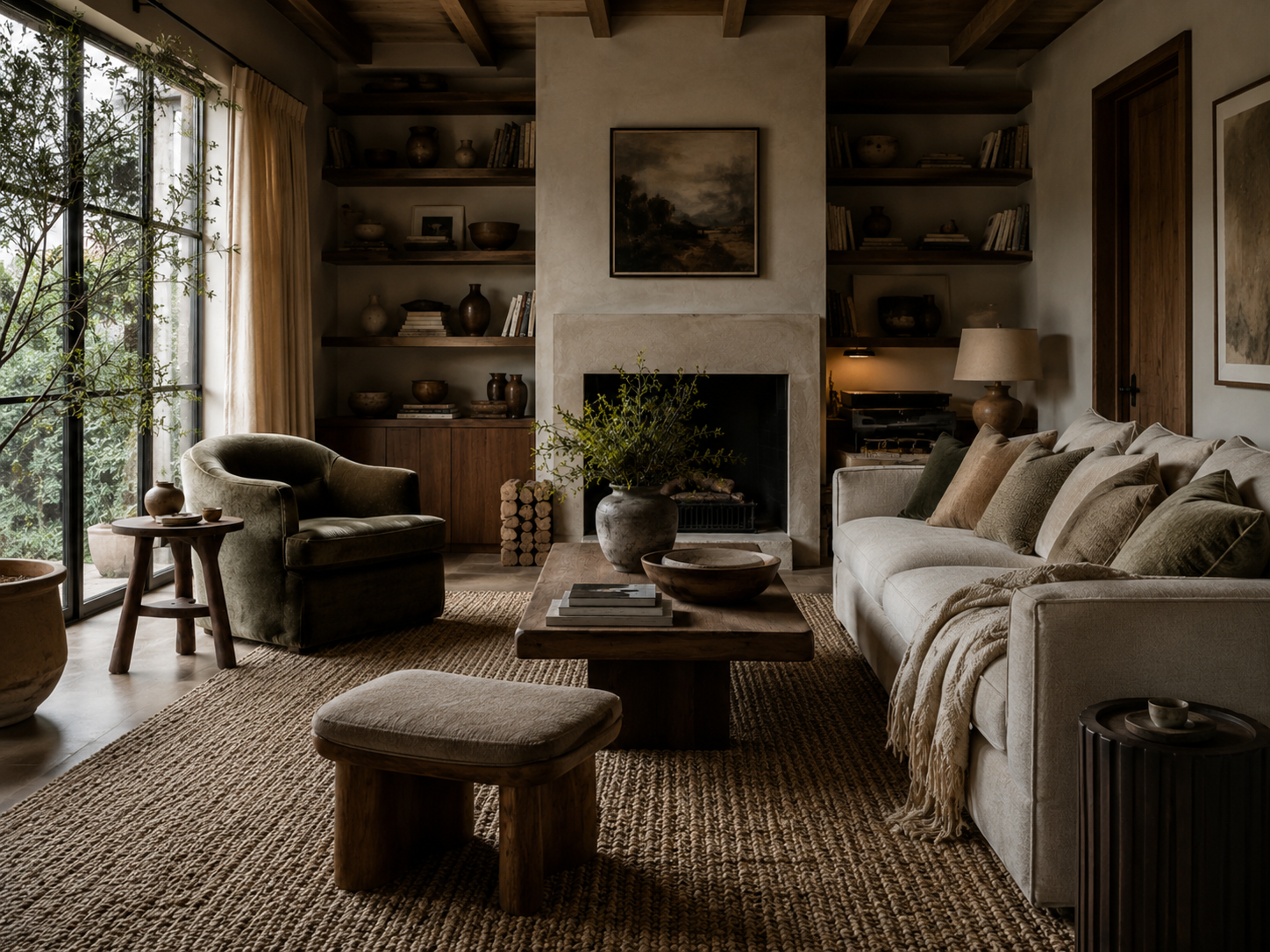 A layered living room with a plaster fireplace, linen sofa, velvet chair, and natural light