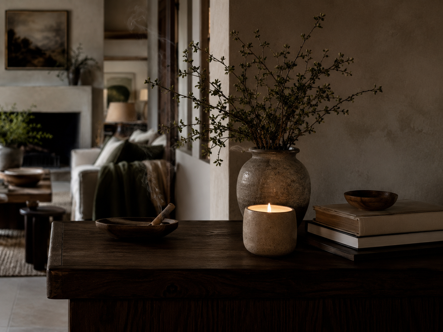 A lit candle, incense, books, and a leafy arrangement on a dark wood console