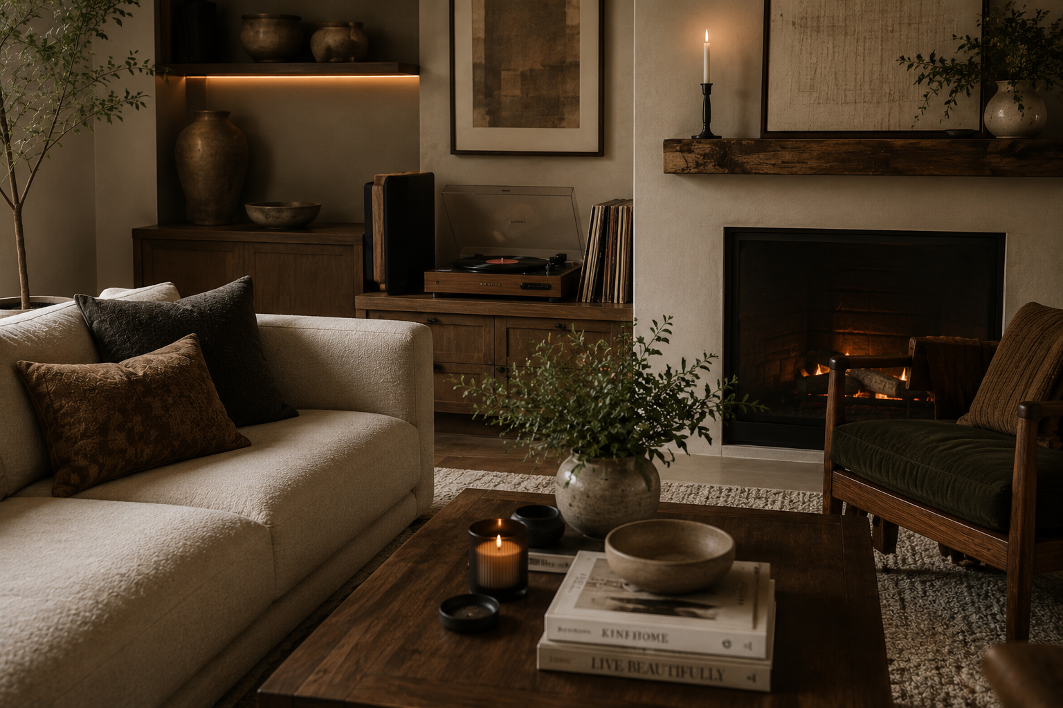 A living room with a deep woven rug, upholstered seating, curtains, built in shelves, and a fireplace