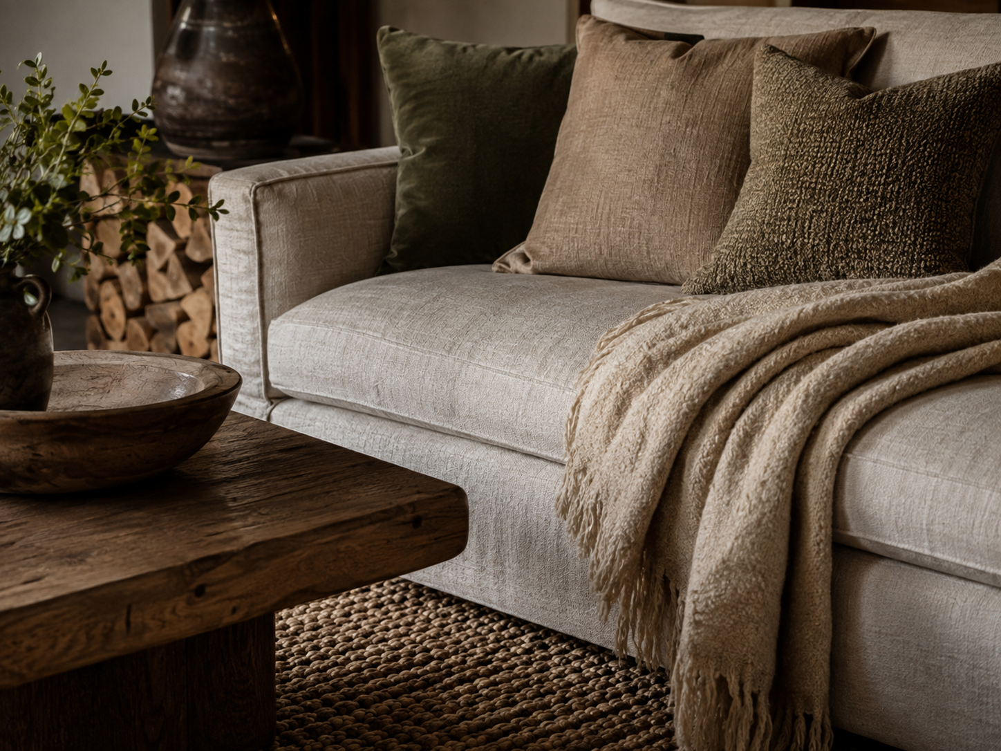 Close view of a linen sofa with textured pillows, a fringed throw, a wood table, and a woven rug