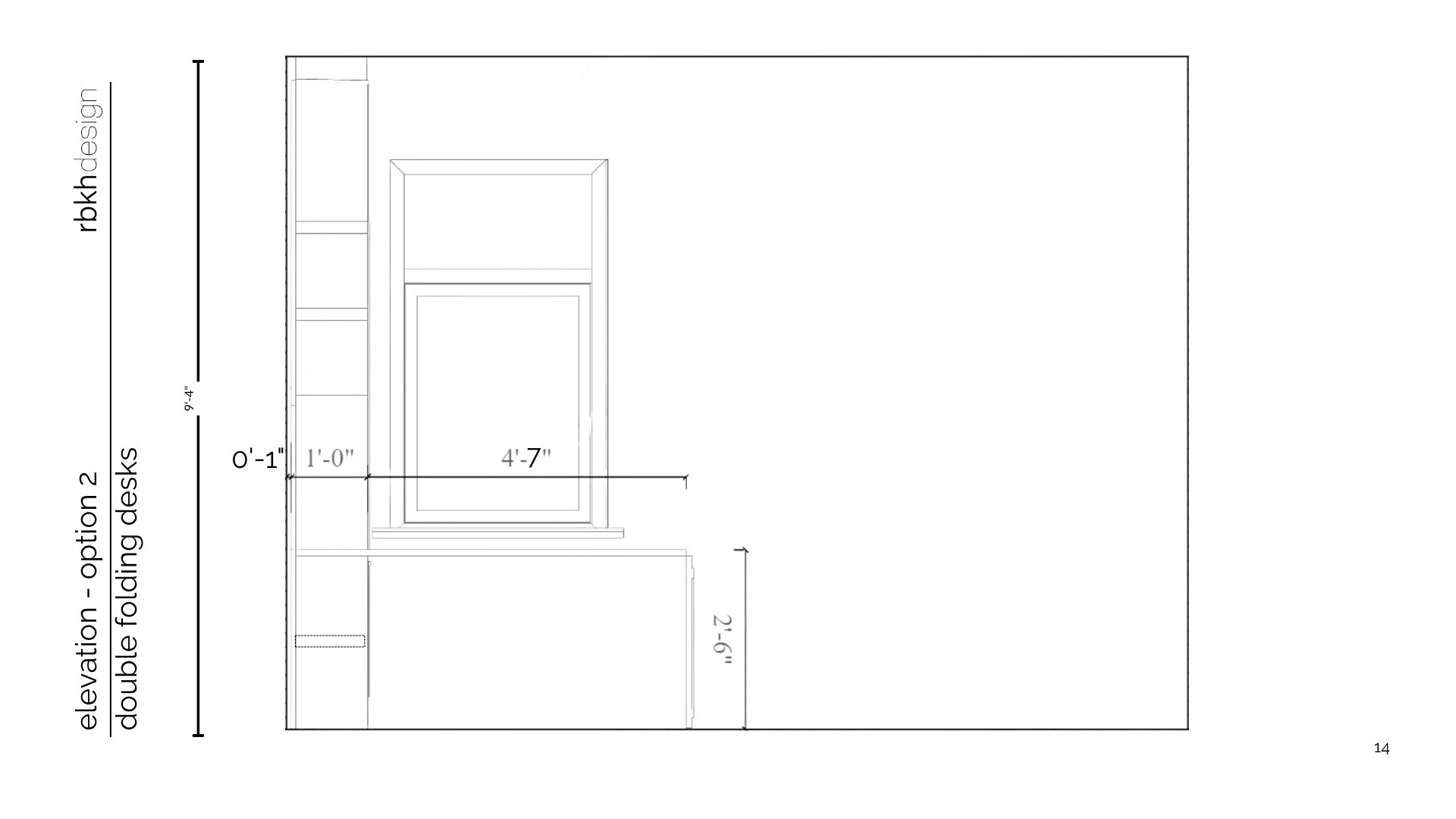 Detail elevation of Option B double folding desks: one desk shown in the down position on the right bay with 1 foot 7 inch width callouts, arched open shelving and murphy bed panel at center