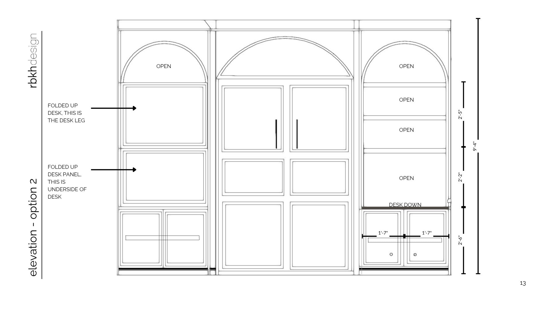 Elevation drawing of Option B showing the folding desk mechanism: folded-up desk leg and folded-up desk panel visible in the left bay, open shelving and arched niches above, murphy bed doors at center