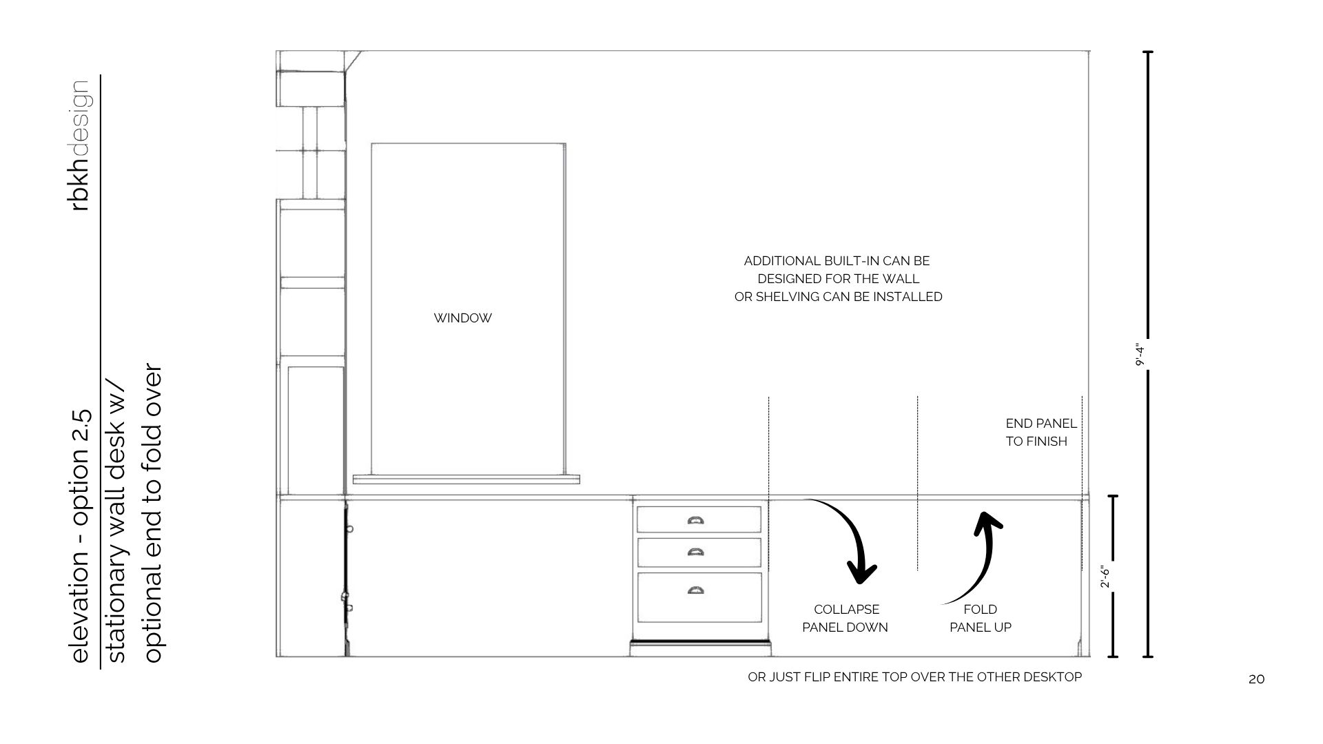 Detail elevation of Option C window wall showing the fold-over desk mechanism: collapse panel down and fold panel up annotations, pedestal drawer stack at center, end panel to finish on the right
