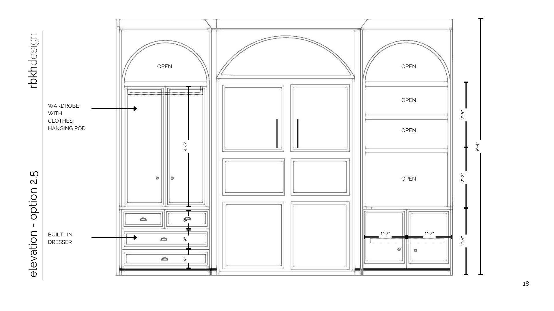 Elevation drawing of Option C: left bay with wardrobe hanging rod and built-in dresser drawers, murphy bed at center, right bay with open shelving and fold-down desk surface