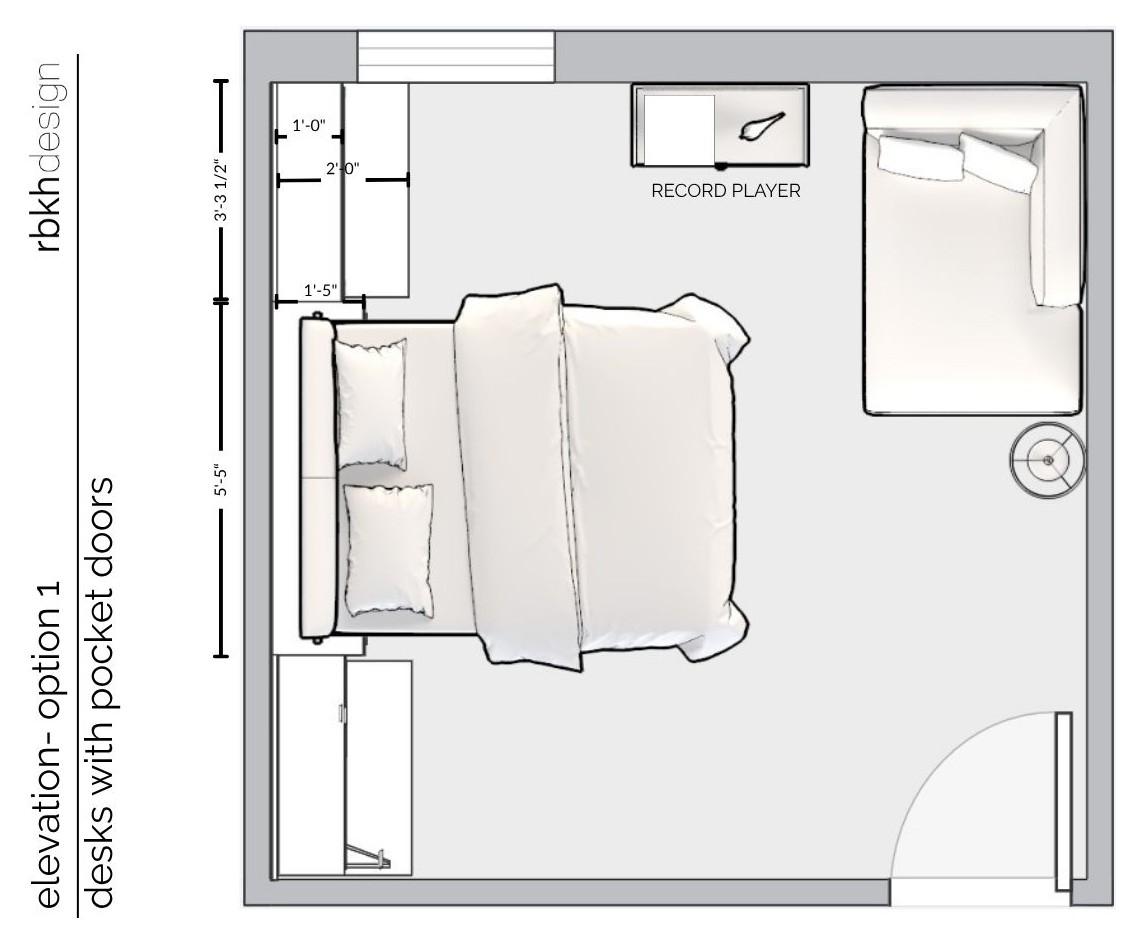 Floor plan of Option A: twin flanking desks symmetrically carved into the built-in on either side of the murphy bed, record player on the left wall, chaise in the corner