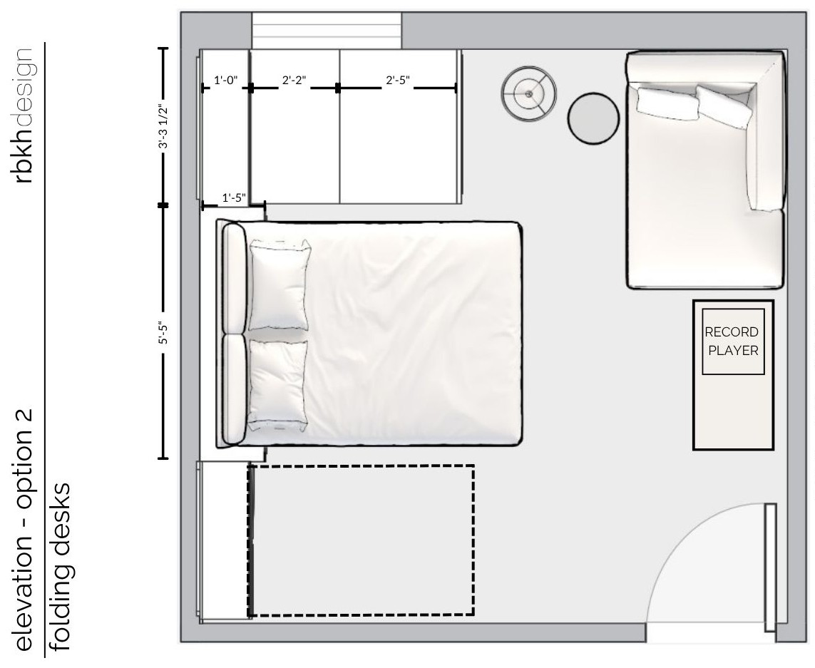 Floor plan of Option B: opposing folding desks on either side of the murphy bed, record player against the right wall, armchair in the opposite corner