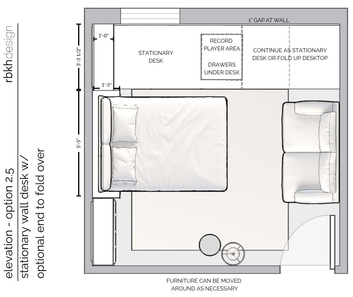 Floor plan of Option C: continuous desk running wall to wall with record player niche at center, stationary desk on the left, fold-up option on the right, loveseat opposite the built-in