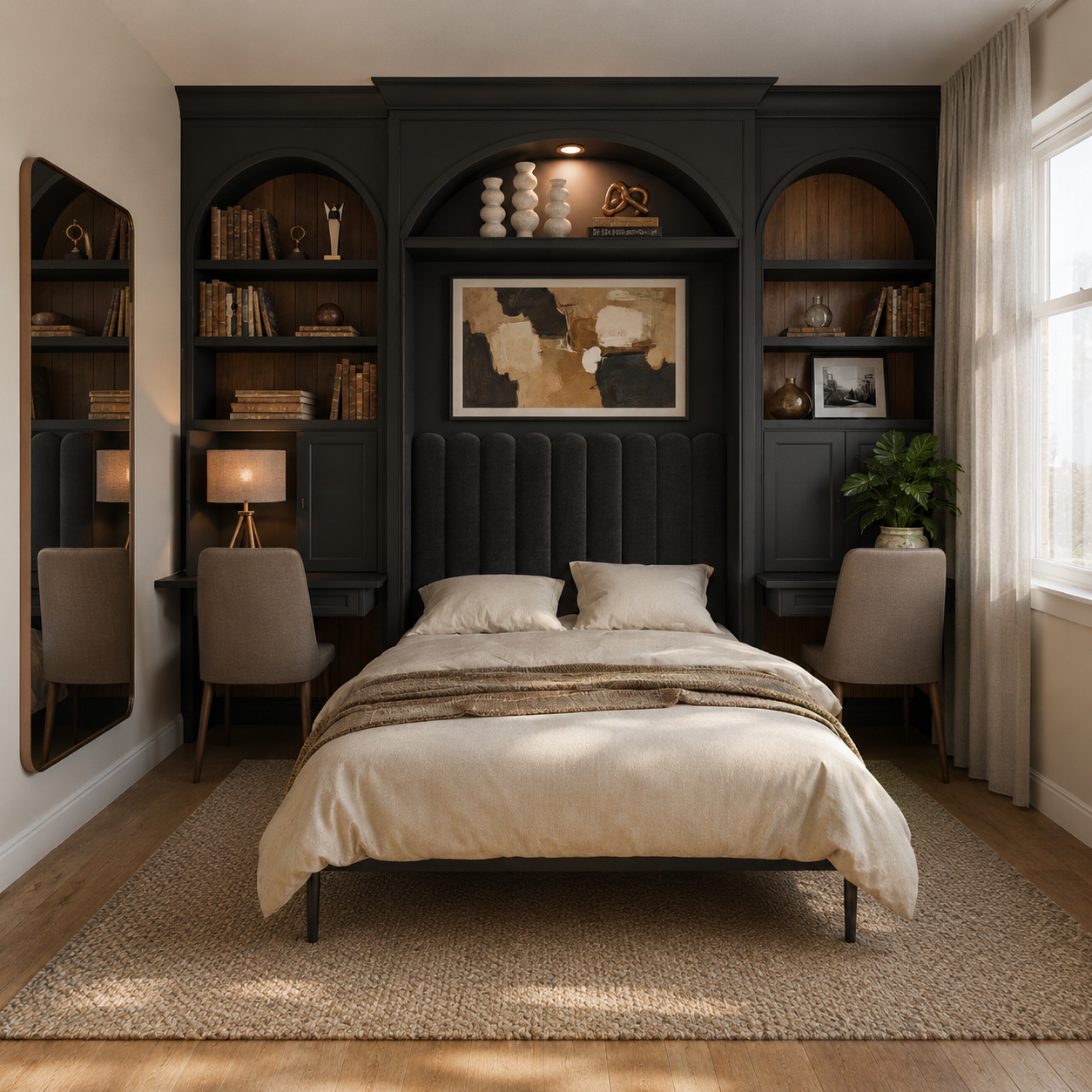 Murphy bed open: satin black built-in with arched niches and flanking desks visible on each side, channel-tufted upholstered headboard, abstract artwork above the bed