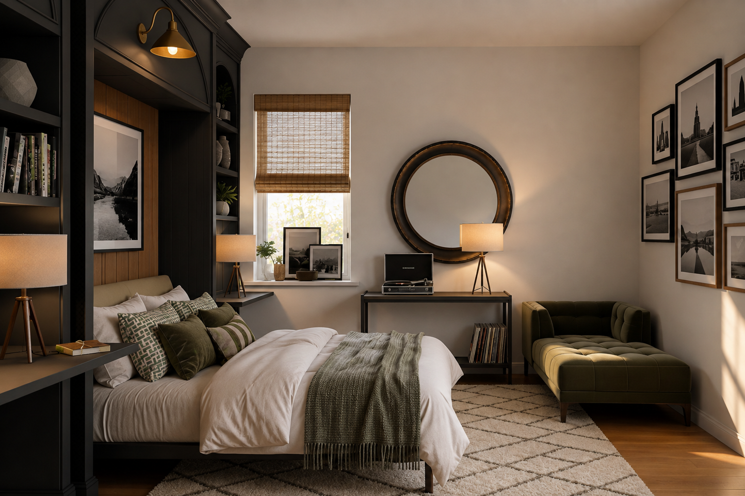Rendered room in warmer tones: leather woven task chair at a desk by the window, green velvet chaise daybed, dark wood credenza with record player, gallery wall of black-and-white photography