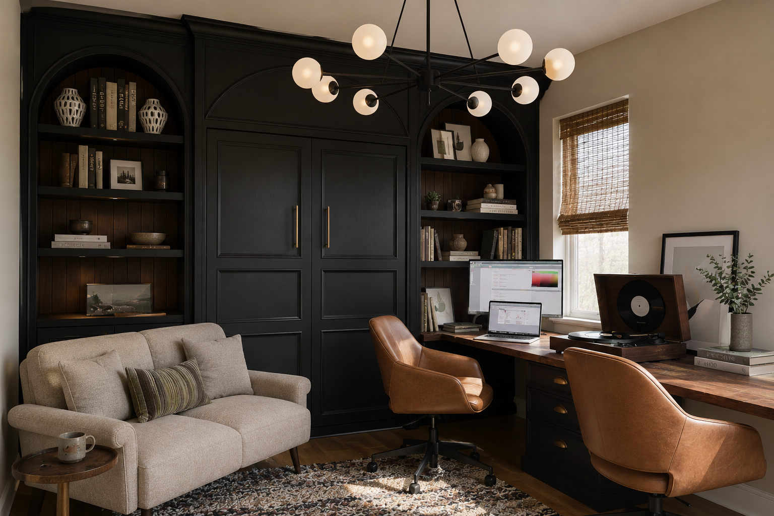 Rendered room: satin black wall-to-wall built-in with arched niches, murphy bed closed behind paneled doors with aged brass pulls, open arched shelving on the left and right bays styled with books and objects, globe chandelier overhead, continuous warm wood desktop wrapping the right corner with two tan leather swivel chairs, record player on the desk, white boucle loveseat and round side table opposite