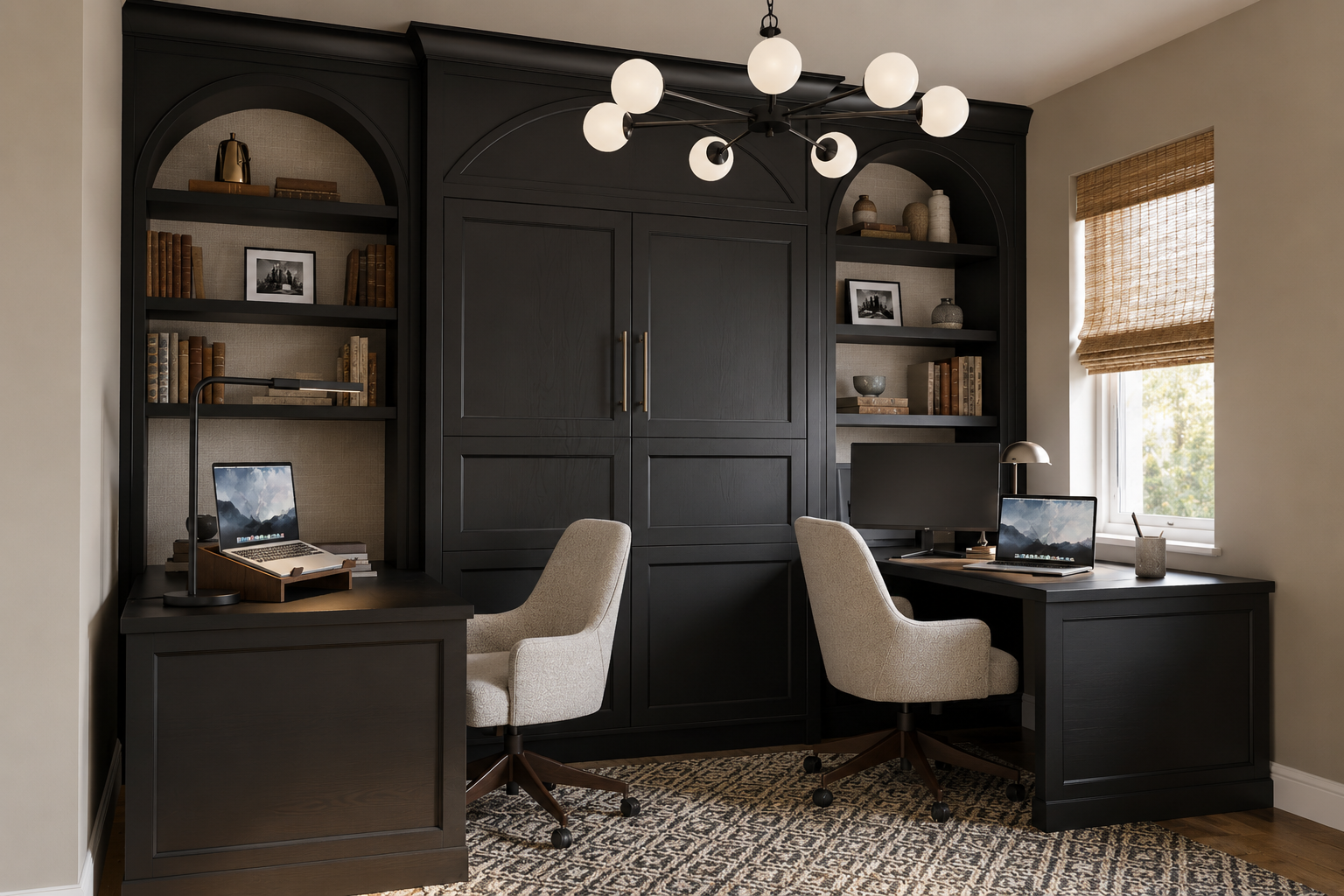 Satin black wall-to-wall built-in with arched niches, globe chandelier overhead, continuous wood desktop along the window wall with two tan leather swivel task chairs, white boucle loveseat opposite the feature wall
