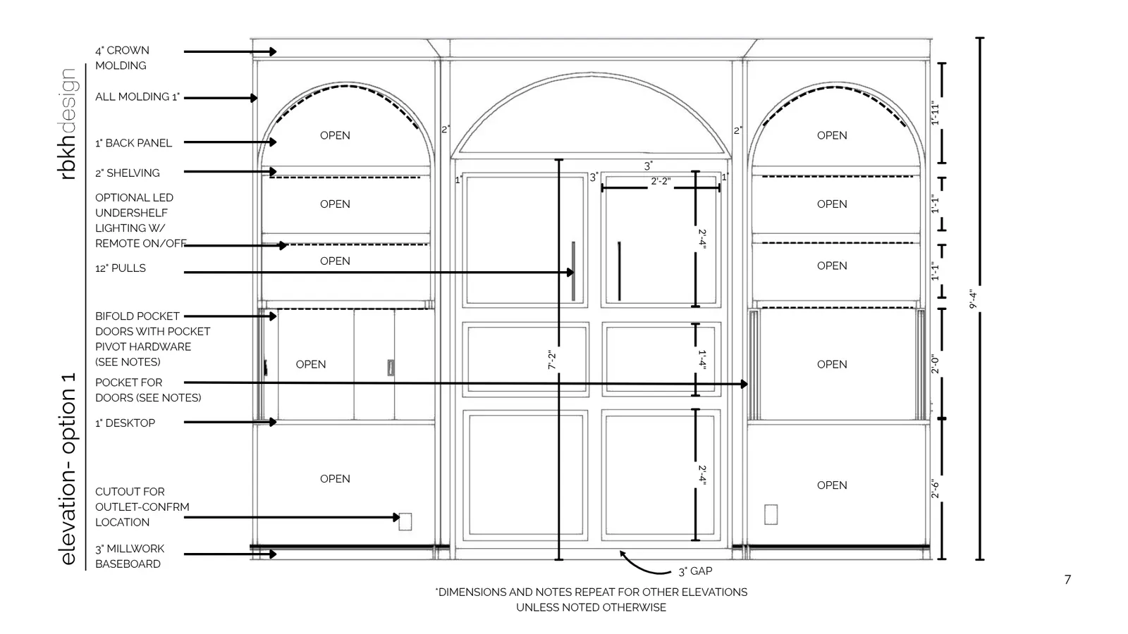 Elevation drawing for Option A: twin flanking desks with 4-inch crown molding, bifold pocket doors, 12-inch pulls, 1-inch desktop, optional LED undershelf lighting, outlet cutout locations